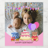 かわいいピンクのキッズトイズ誕生祝い写真 ワインラベル (シングルラベル)