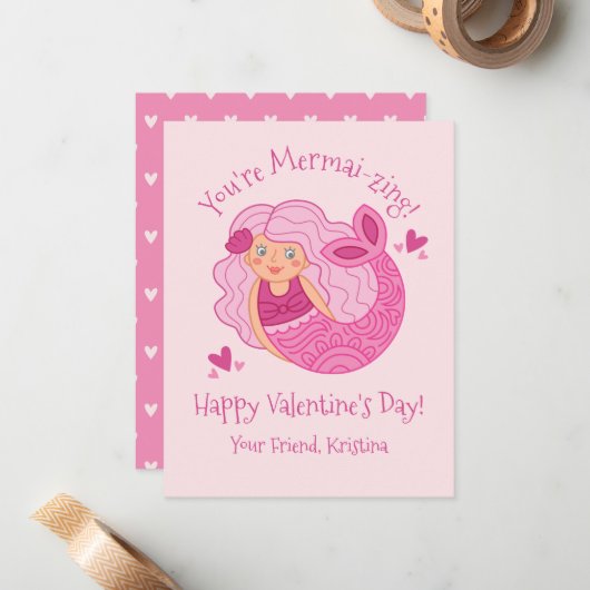 かわいいピンクのキッズバレンタインマーメイド ノートカード (正面/裏面インサイチュ)