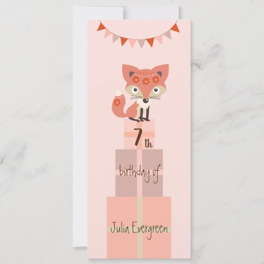 かわいいピンクのキツネの第7誕生日の招待状 セーブザデート (正面)