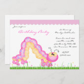 かわいいピンクのキャタピラーのバグバースデーパーティー 招待状 (正面/裏面)