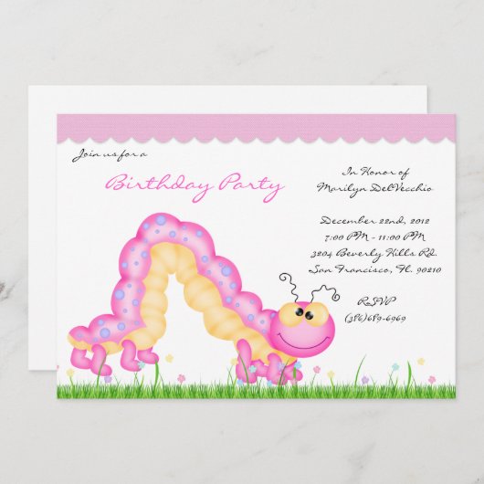 かわいいピンクのキャタピラーのバグバースデーパーティー 招待状 (正面/裏面)