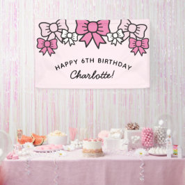 かわいいピンクのキャラクターのリボンの誕生日パーティー 横断幕