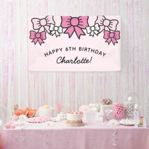 かわいいピンクのキャラクターのリボンの誕生日パーティー 横断幕
