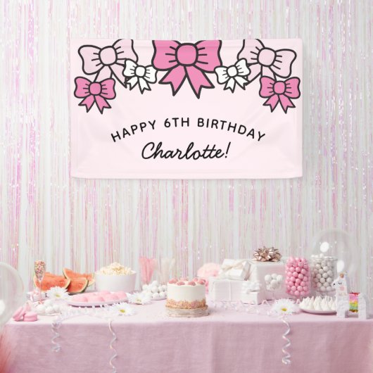 かわいいピンクのキャラクターのリボンの誕生日パーティー 横断幕 (パーティー)