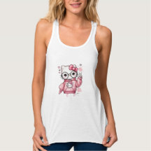 かわいいピンクのキャラクター猫メガネTシャツ