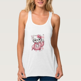 かわいいピンクのキャラクター猫メガネTシャツ タンクトップ