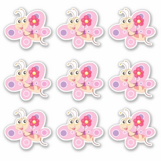 かわいいピンクのキャラクター蝶 シール (正面)