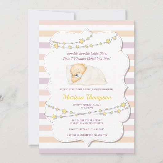 かわいいピンクのキラキラ小さな星の赤ちゃんシャワー 招待状 (正面)