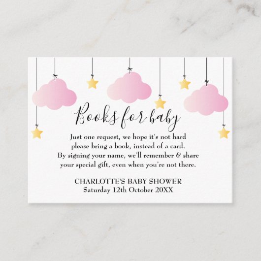 かわいいピンクのキラキラ本リクエスト赤ちゃんシャワー エンクロージャーカード (正面)