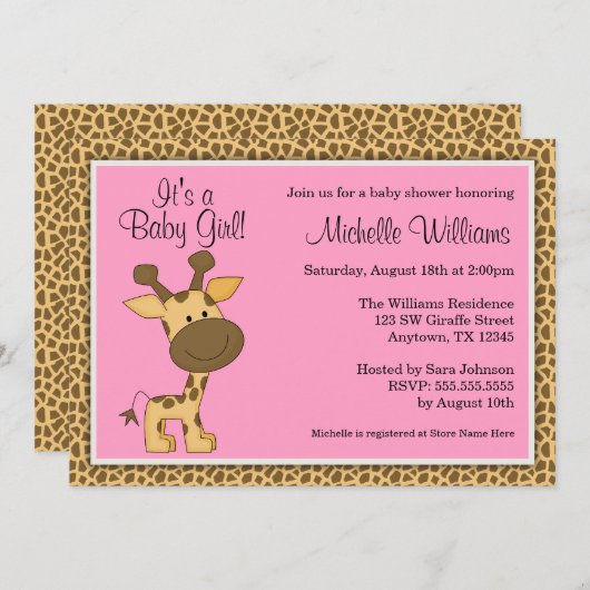 かわいいピンクのキリン少女のベビーシャワー 招待状 (正面/裏面)