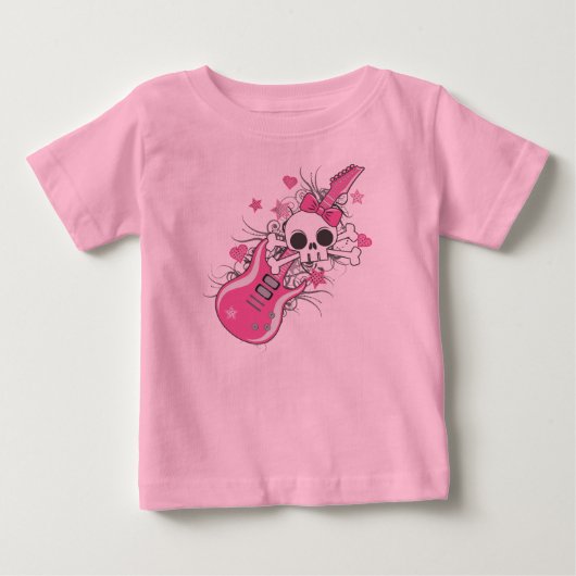 かわいいピンクのギターのドクロ ベビーTシャツ (正面)