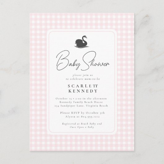 かわいいピンクのギンガムスワンシンプルベビーシャワー ポストカード (正面)