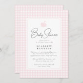 かわいいピンクのギンガムスワンシンプルベビーシャワー 招待状 (正面/裏面)