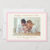 かわいいピンクのギンガムチェック写真バレンタインデー シーズンカード (正面)