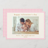 かわいいピンクのギンガムチェック写真バレンタインデー シーズンカード (正面/裏面)