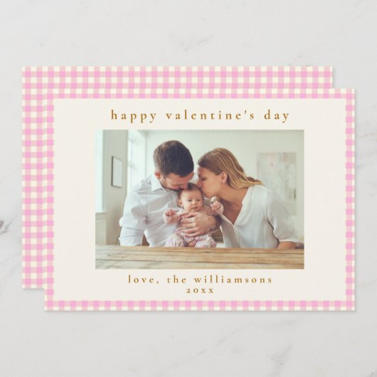 かわいいピンクのギンガムチェック写真バレンタインデー シーズンカード (正面/裏面)