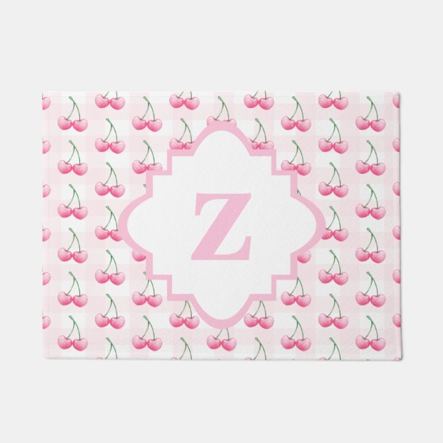 かわいいピンクのギンガムパターンウォーターカラーさくらんぼ ドアマット (正面)