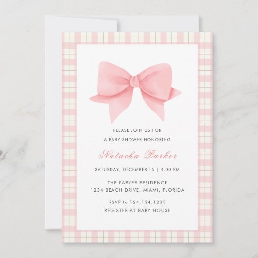かわいいピンクのギンガムプレイドボウガールベビーシャワー 招待状 (正面)