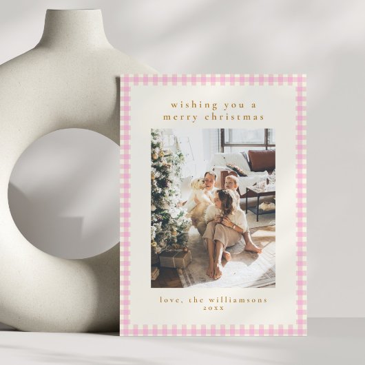 かわいいピンクのギンガムプレイドポートレート写真クリスマス シーズンカード