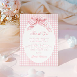 かわいいピンクのギンガムボウ名門私立校風のベビーガールシャワー サンキューカード