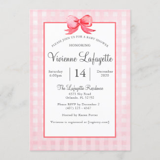 かわいいピンクのギンガムレッドボウ赤ちゃんシャワー 招待状