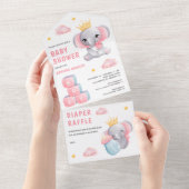 かわいいピンクのクイーンエレファントガールベビーシャワー オールインワン招待状 (貼ってはがせる)