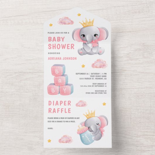 かわいいピンクのクイーンエレファントガールベビーシャワー オールインワン招待状 (内側)