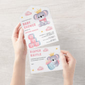 かわいいピンクのクイーンコアラベアーガールベビーシャワー オールインワン招待状 (貼ってはがせる)