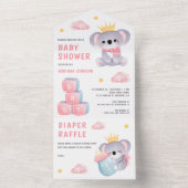 かわいいピンクのクイーンコアラベアーガールベビーシャワー オールインワン招待状 (内側)