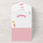 かわいいピンクのクイーンテディベアガールベビーシャワー オールインワン招待状 (外側)