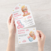 かわいいピンクのクイーンテディベアガールベビーシャワー オールインワン招待状 (貼ってはがせる)