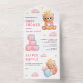 かわいいピンクのクイーンテディベアガールベビーシャワー オールインワン招待状 (内側)