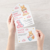 かわいいピンクのクイーンバニーガールベイビーシャワー オールインワン招待状 (貼ってはがせる)