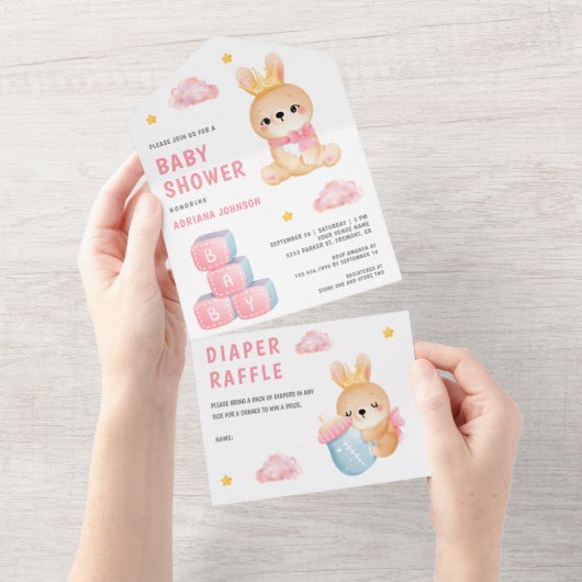 かわいいピンクのクイーンバニーガールベイビーシャワー オールインワン招待状 (貼ってはがせる)