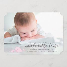 かわいいピンクのクジラのこんにちはそこにベビーの発表 案内状