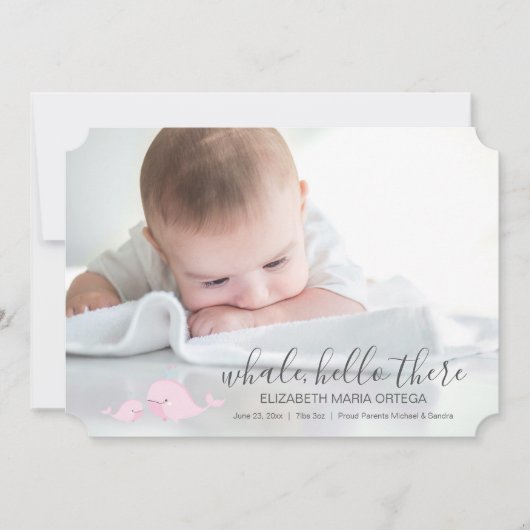 かわいいピンクのクジラのこんにちはそこにベビーの発表 案内状 (正面)