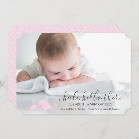 かわいいピンクのクジラのこんにちはそこにベビーの発表 案内状 (正面/裏面)