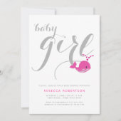 かわいいピンクのクジラタイポグラフィベビーガールシャワー 招待状 (正面)