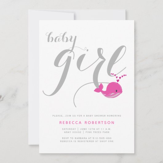 かわいいピンクのクジラタイポグラフィベビーガールシャワー 招待状 (正面)