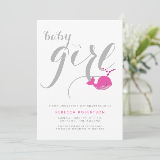 かわいいピンクのクジラタイポグラフィベビーガールシャワー 招待状 (スタンド正面)