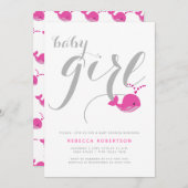 かわいいピンクのクジラタイポグラフィベビーガールシャワー 招待状 (正面/裏面)