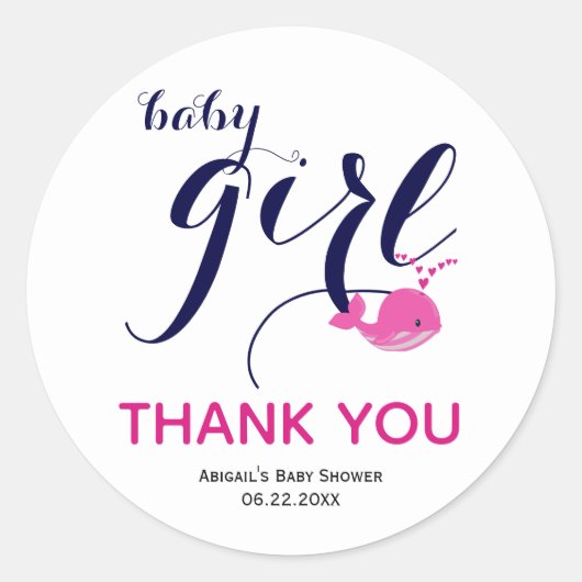 かわいいピンクのクジラ海ありがとう赤ちゃん女の子シャワー ラウンドシール (正面)