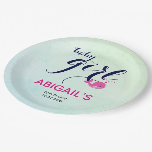 かわいいピンクのクジラ海をテーマにしたベビーガールシャワー ペーパープレート (アングル)