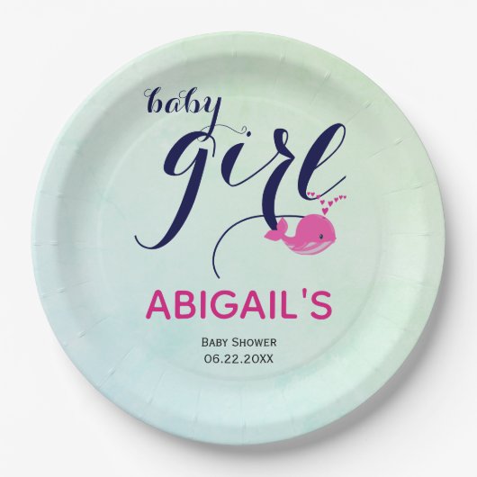 かわいいピンクのクジラ海をテーマにしたベビーガールシャワー ペーパープレート (正面)