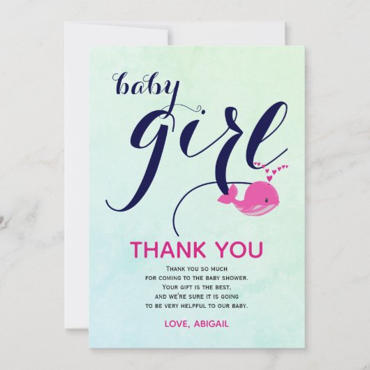 かわいいピンクのクジラ海ベビーガールシャワー サンキューカード (正面)