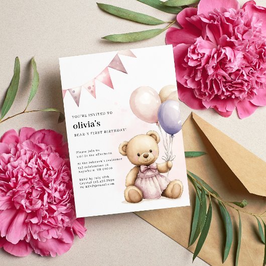 かわいいピンクのクマちゃんの1歳の誕生日パーティー招待状 招待状