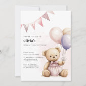 かわいいピンクのクマちゃんの1歳の誕生日パーティー招待状 招待状 (正面)
