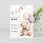 かわいいピンクのクマちゃんの1歳の誕生日パーティー招待状 招待状 (スタンド正面)
