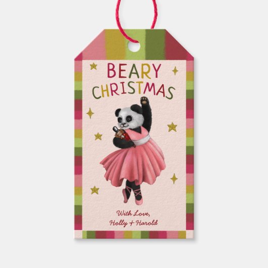 かわいいピンクのクマのクリスマスバレエダンスパンダ ギフトタグ (正面)