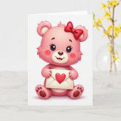 かわいいピンクのクマのラブノートカード カード (黄色い花)